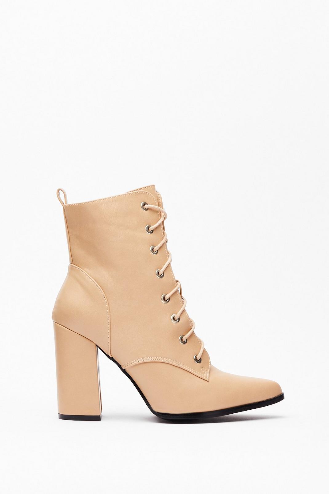 Beige Pointed Lace Up Heeled Boots image number 1