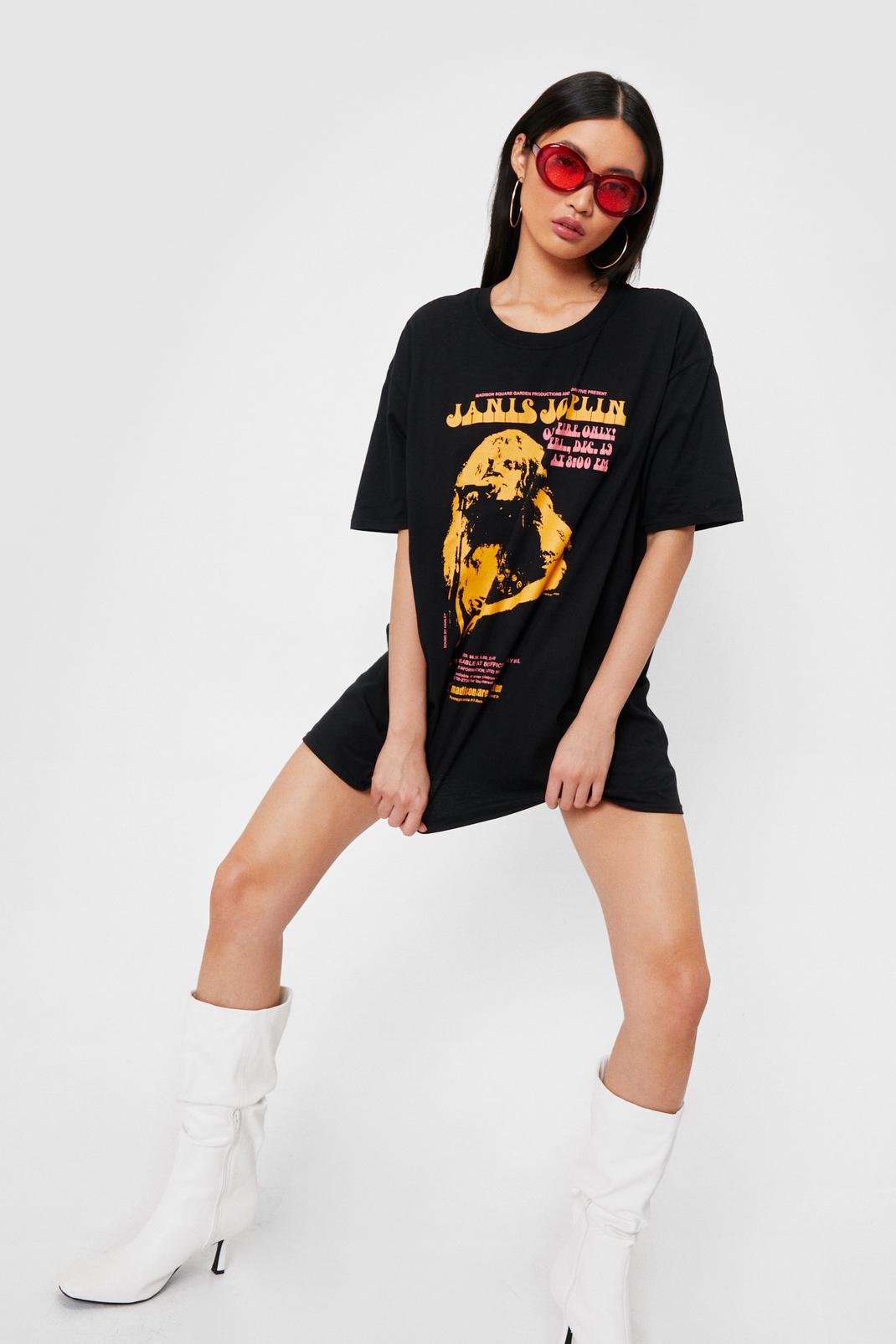 Black Janis Joplin Graphic Band T-Shirt Dress image number 1