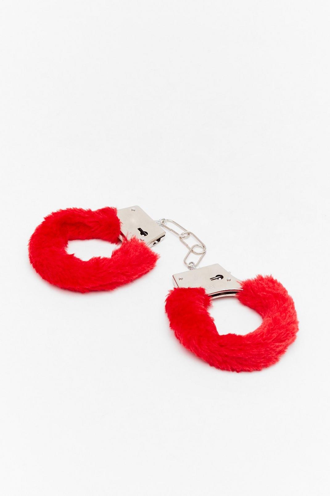 Red Faux Fur Chain Link Kinky Handcuffs image number 1