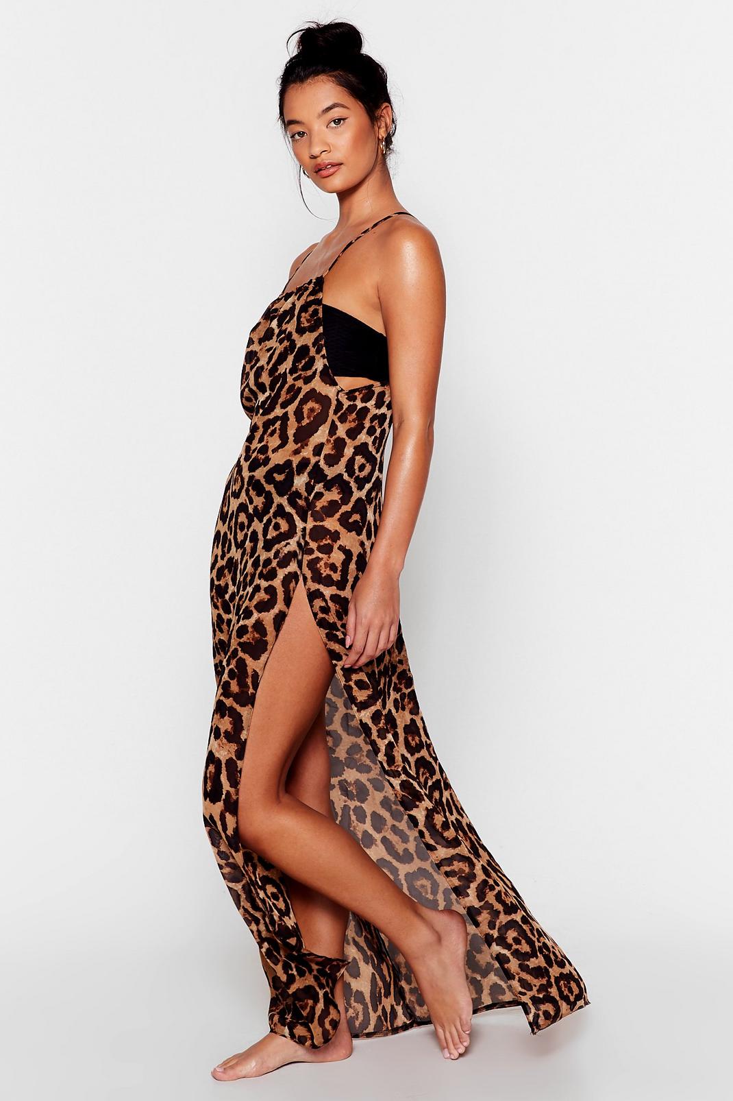 Tan Take a Wild Guess Leopard Ruched Cover-Up Dress image number 1