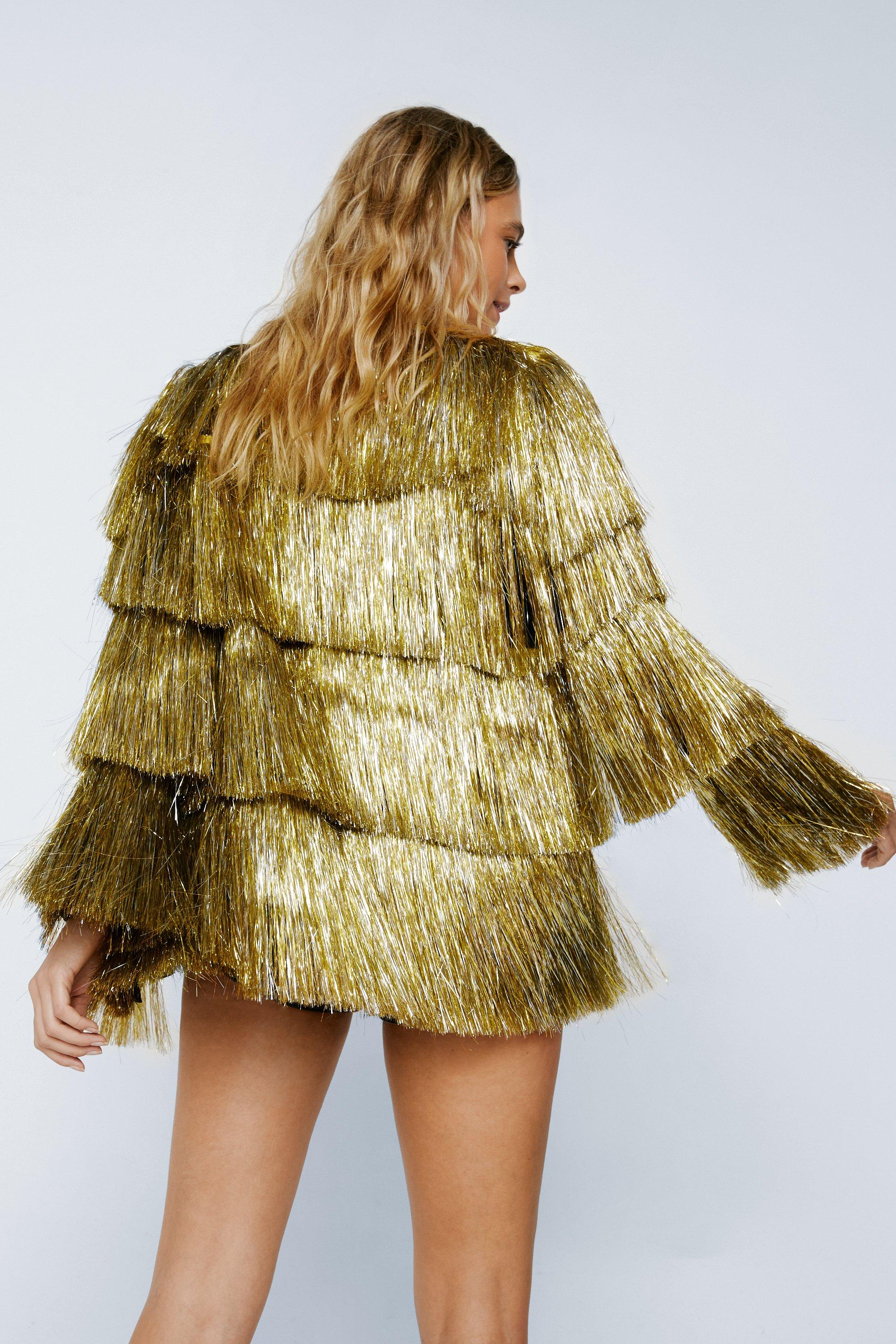 Metallic Tiered Fringe Jacket