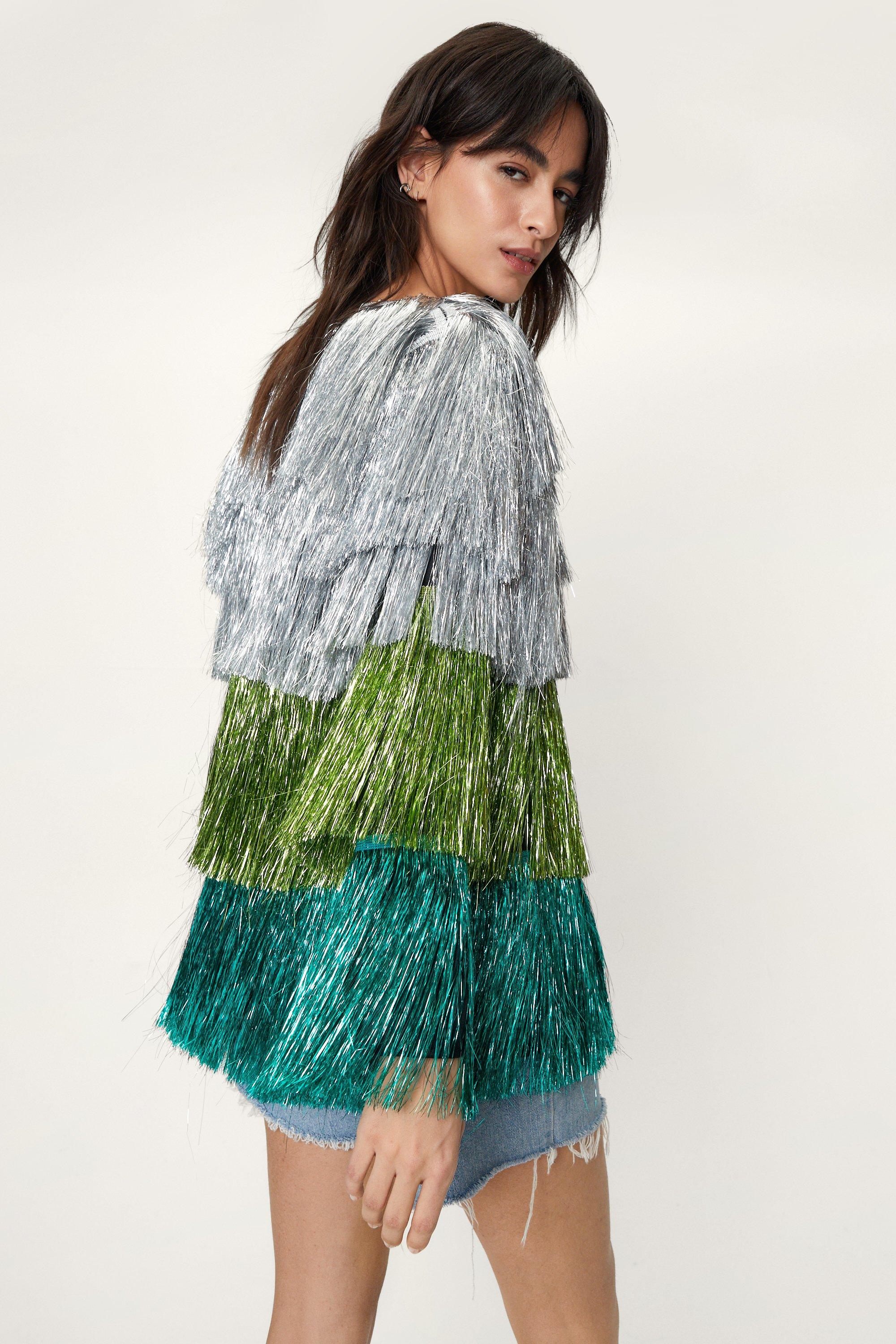 Metallic Tiered Tinsel Fringe Open Front Jacket  Pretty outfits, Tiered  fringe, Open front jacket