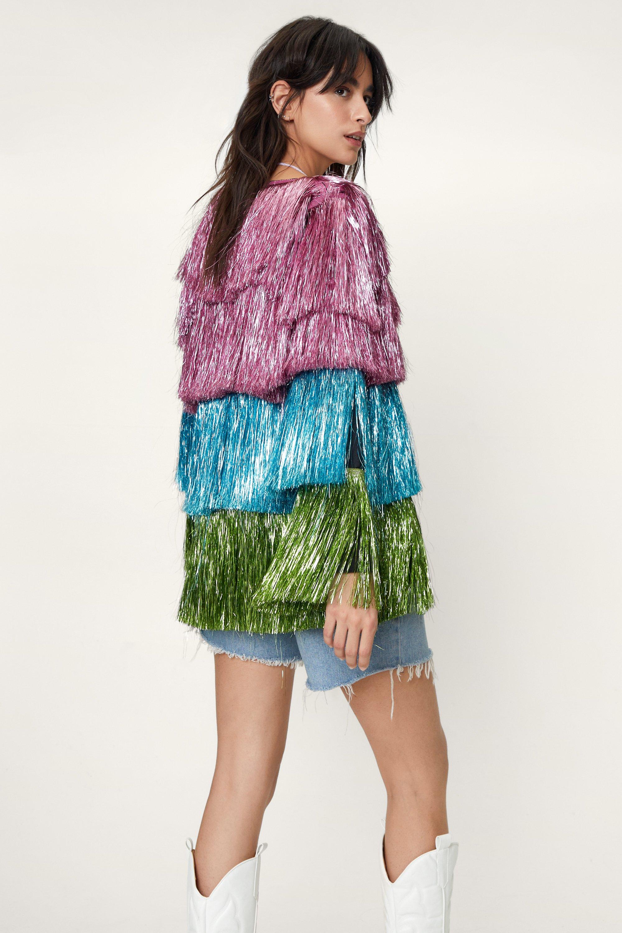 Metallic Tiered Tinsel Fringe Open Front Jacket  Pretty outfits, Tiered  fringe, Open front jacket