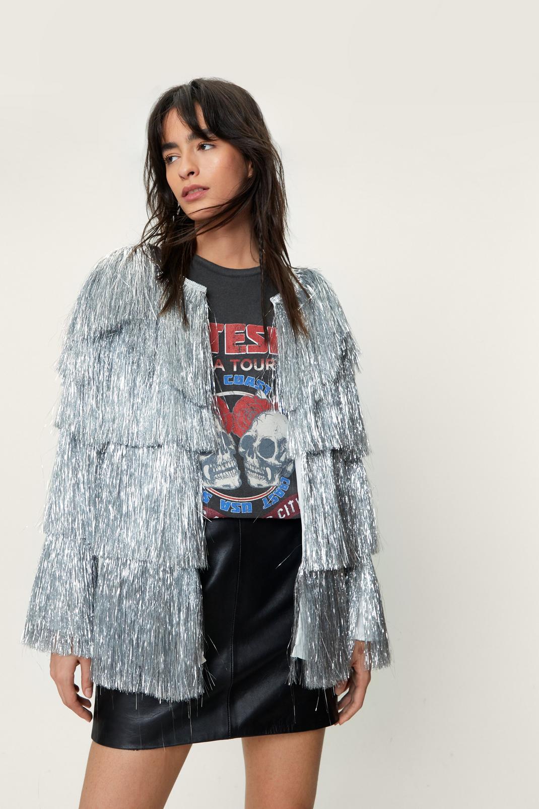 Silver Metallic Open Front Tiered Tinsel Fringe Jacket image number 1