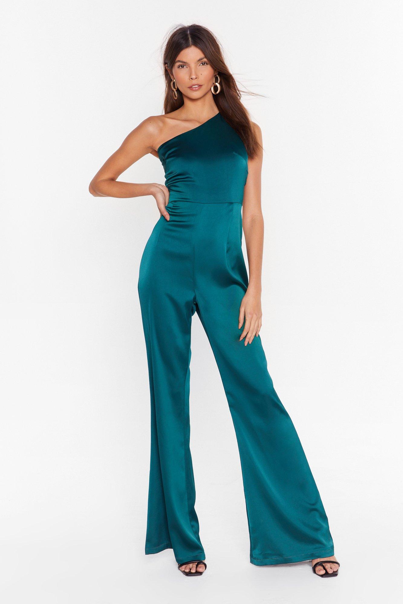 one shoulder jumpsuit green