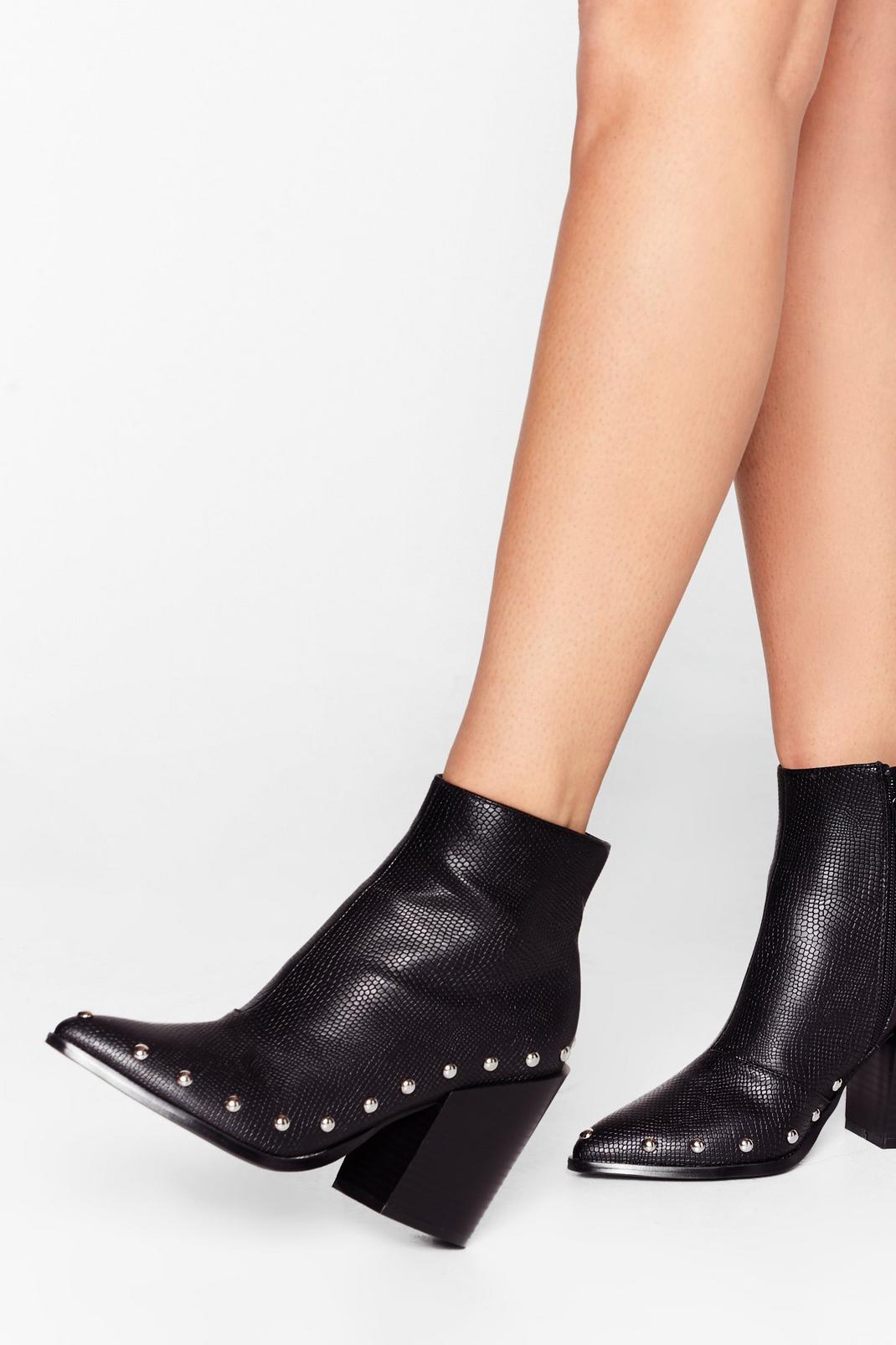 Embossed Faux Leather Ankle Boots with Studs image number 1
