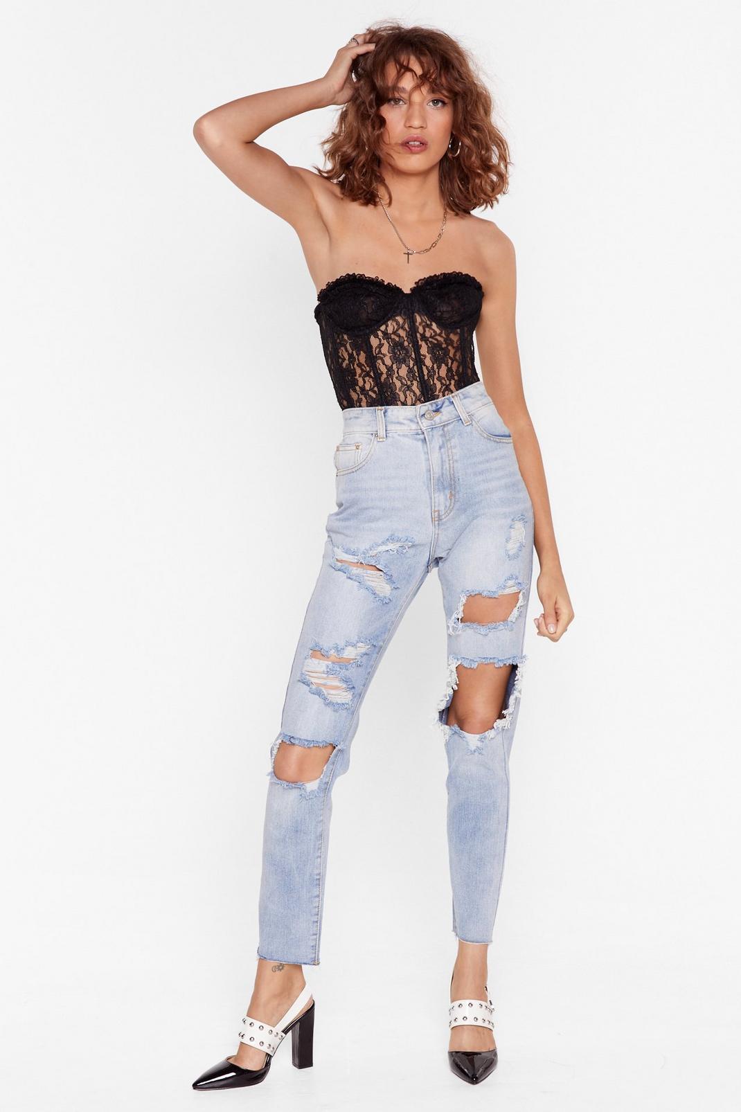 Blue Open Up Distressed Long Jeans image number 1