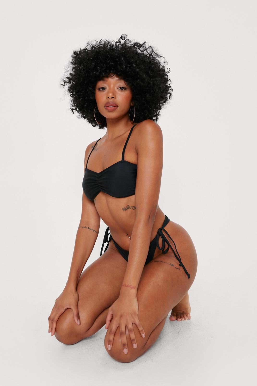 Black Ruched Bikini Top and Tanga Bikini Bottoms Set image number 1