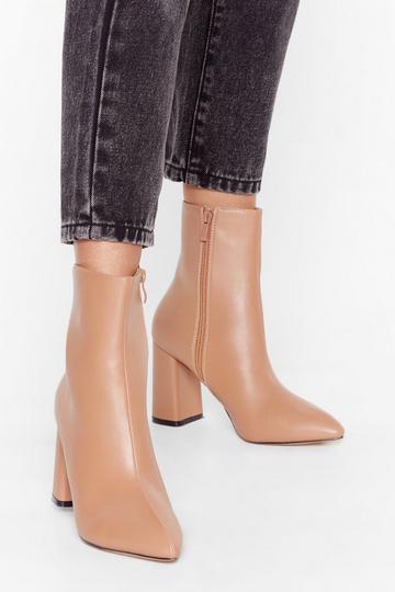 Nude Faux Leather Pointed Toe Heeled Boots