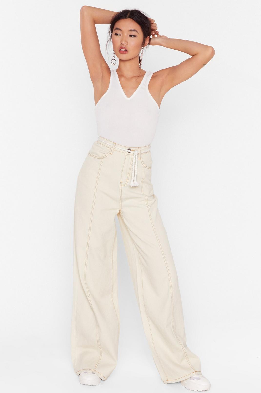 Ecru Wide Leg Jean With White Rope Belt image number 1