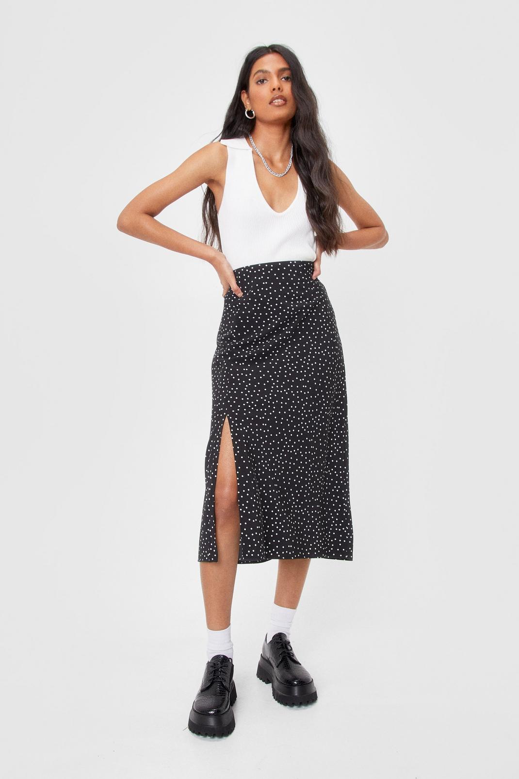 Black Relaxed Polka Dot Slit Midi Skirt image number 1