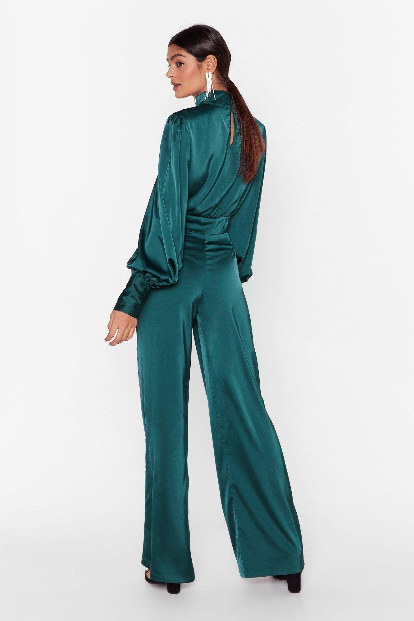 Emerald Green Satin High Waisted Wide Leg Trousers