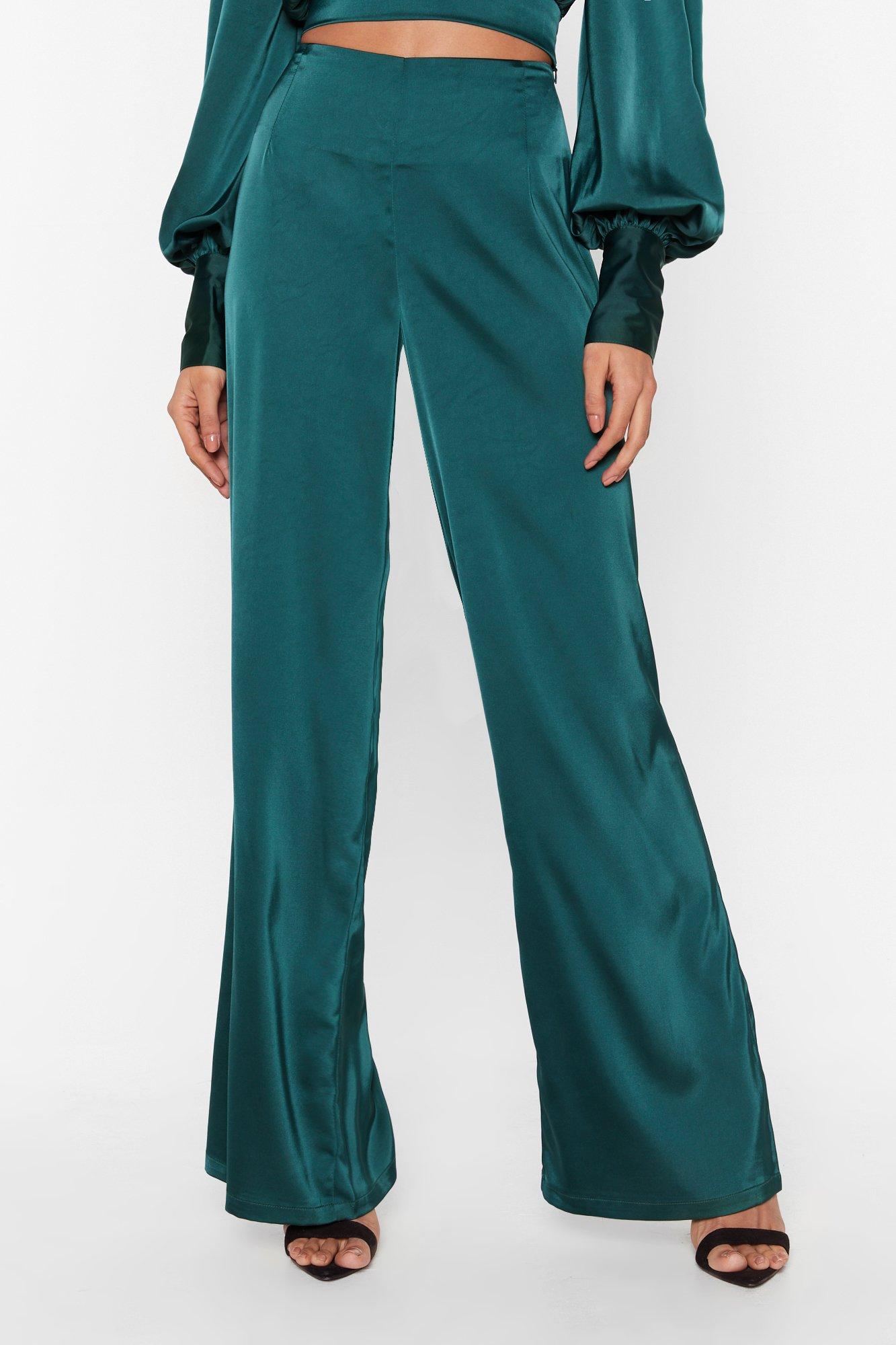 Emerald Green Satin High Waisted Wide Leg Trousers