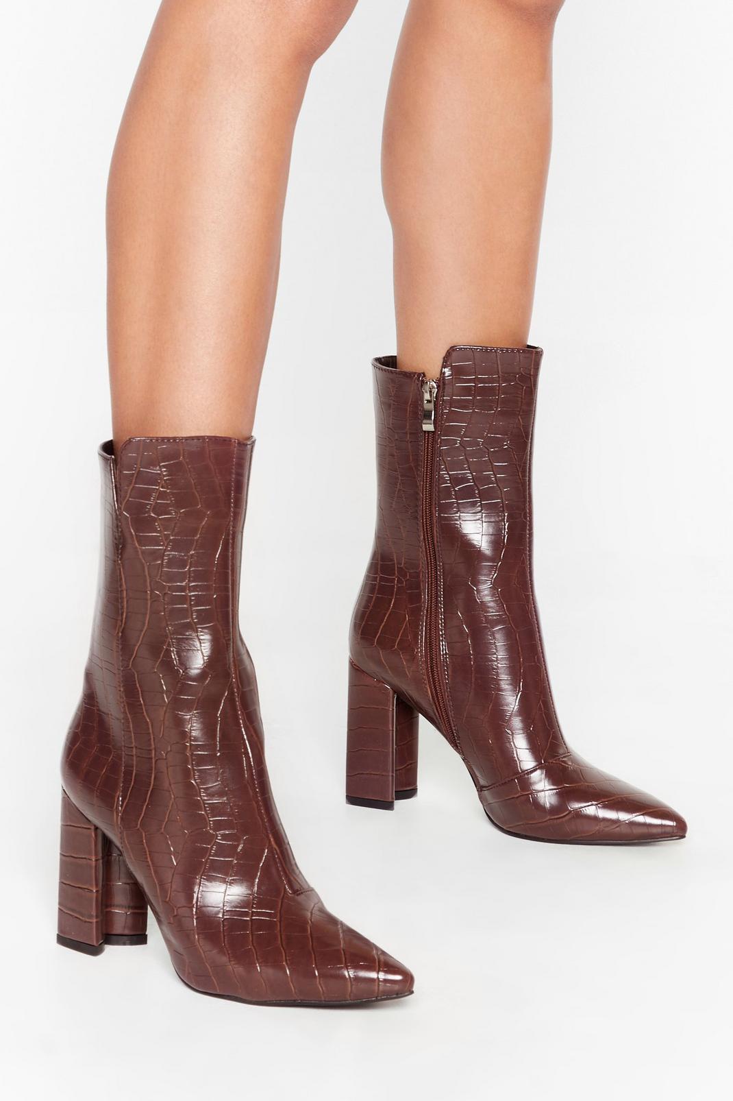 Faux Leather Croc Cut-Out Boots with Block Heel
 image number 1