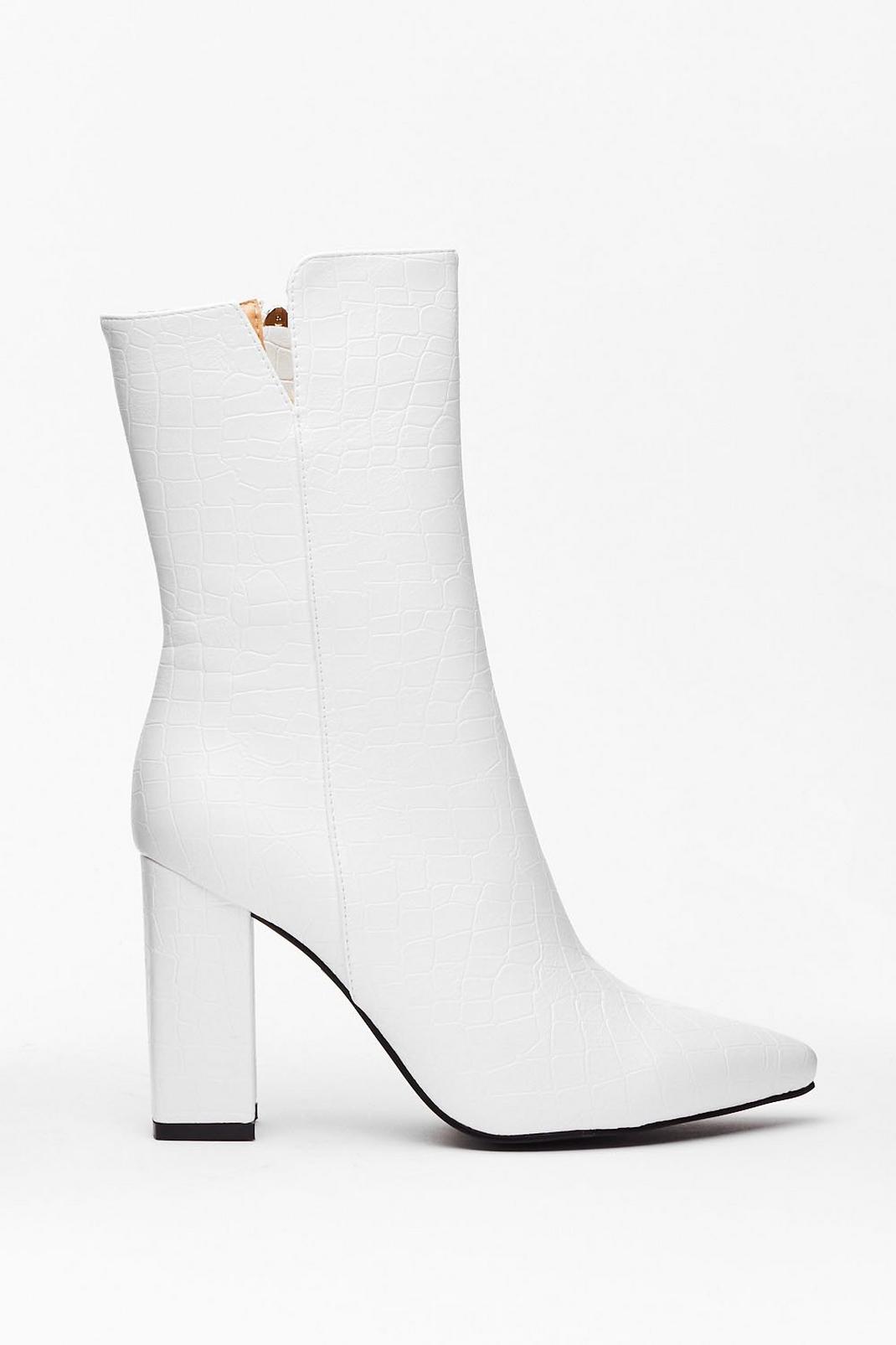 White Faux Leather High Ankle Boots with Croc Embossed Design image number 1