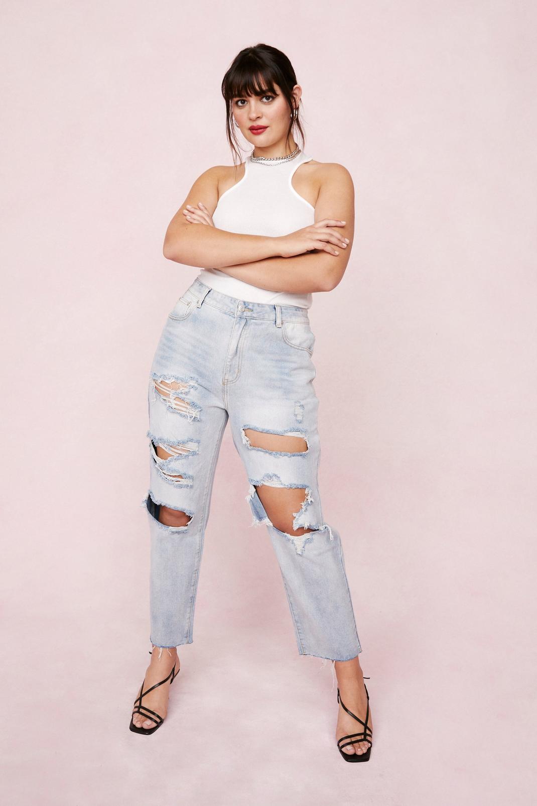 Blue Plus Size Ripped High Waisted Jeans image number 1