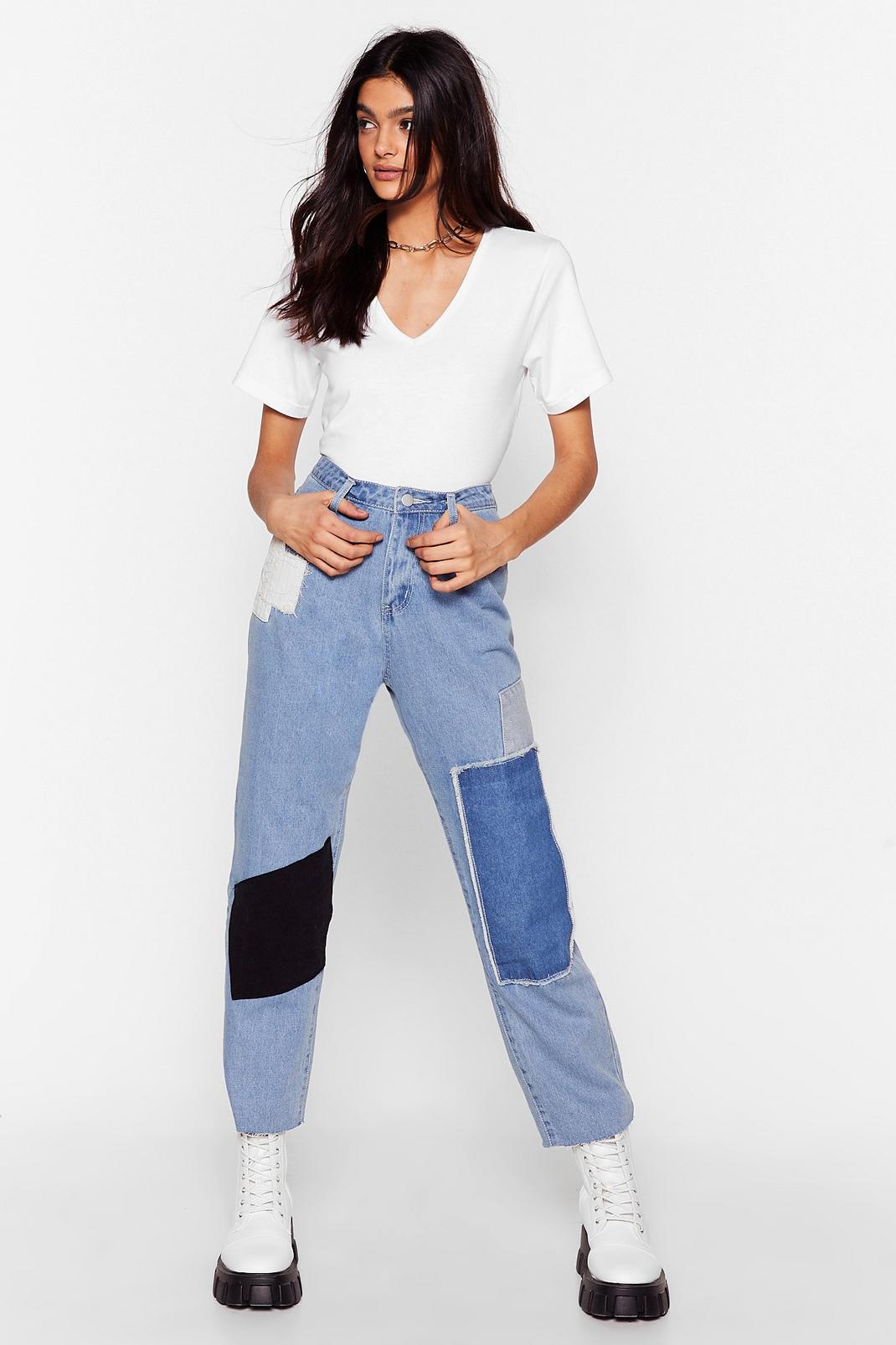 106 Patchwork High Waisted Straight Leg Jeans image number 2