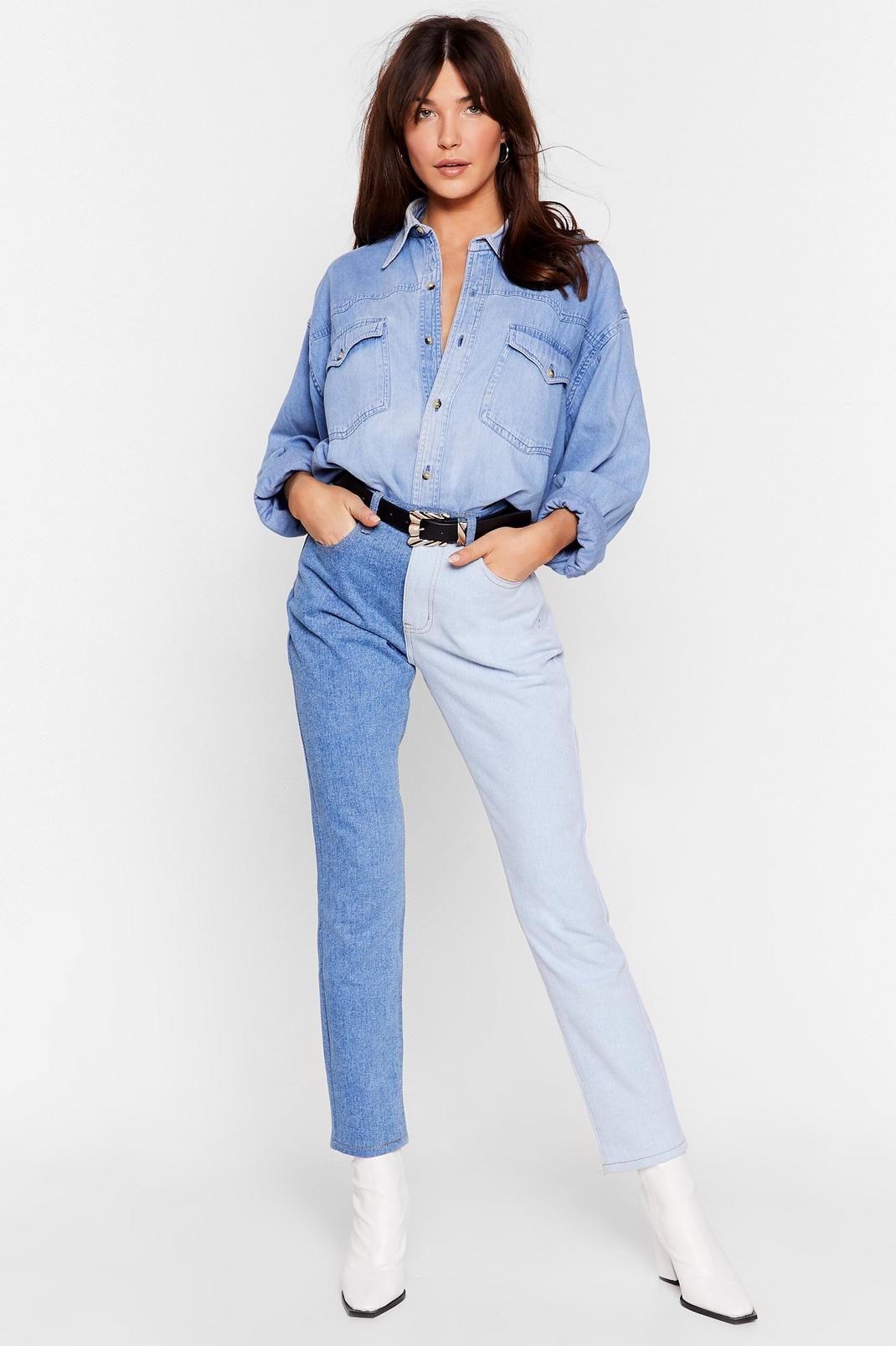 Blue Best of Both Worlds Two-Tone Mom Jeans image number 1