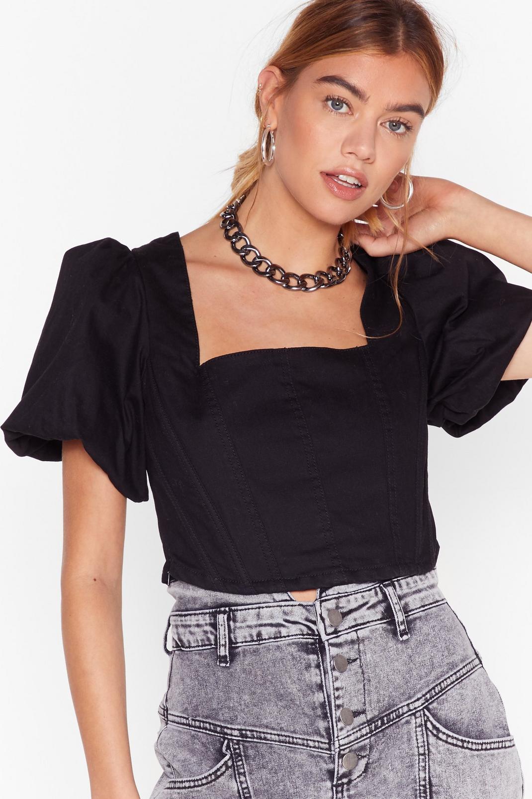 Black That's a Puff Call Denim Crop Top image number 1