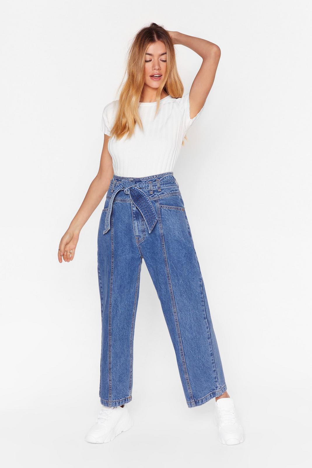 Wash blue Tie Waist Cropped Wide Leg Jeans image number 1