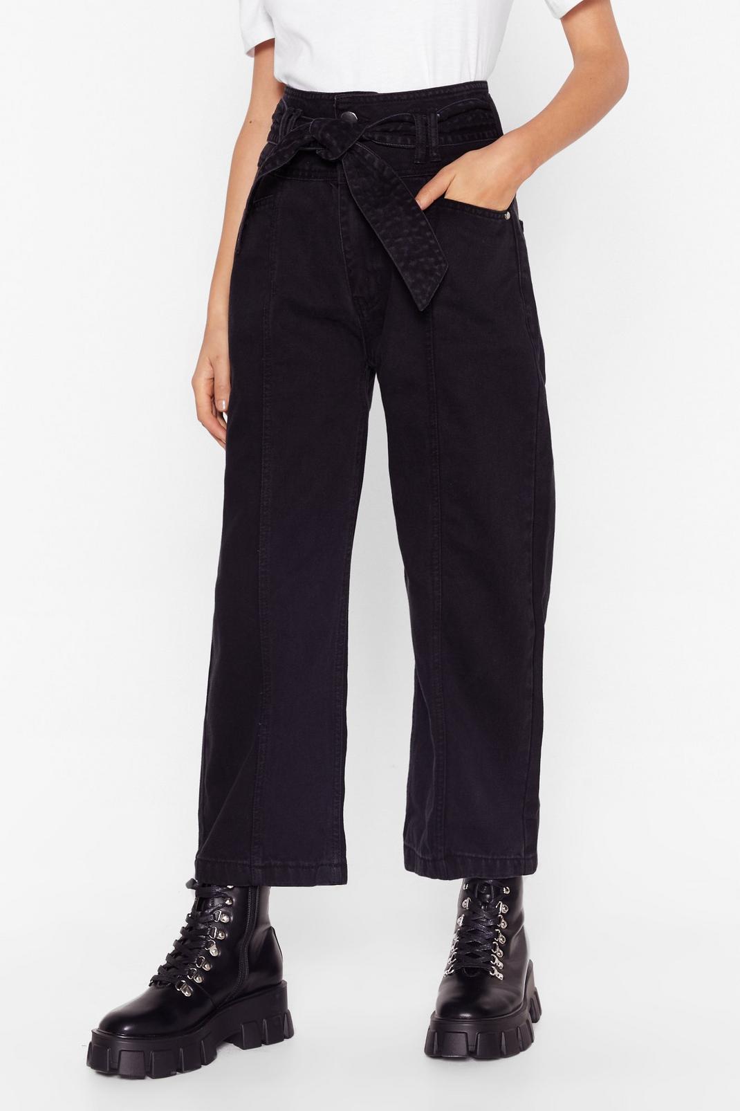 Washed black Tie Waist Cropped Wide Leg Jeans image number 1