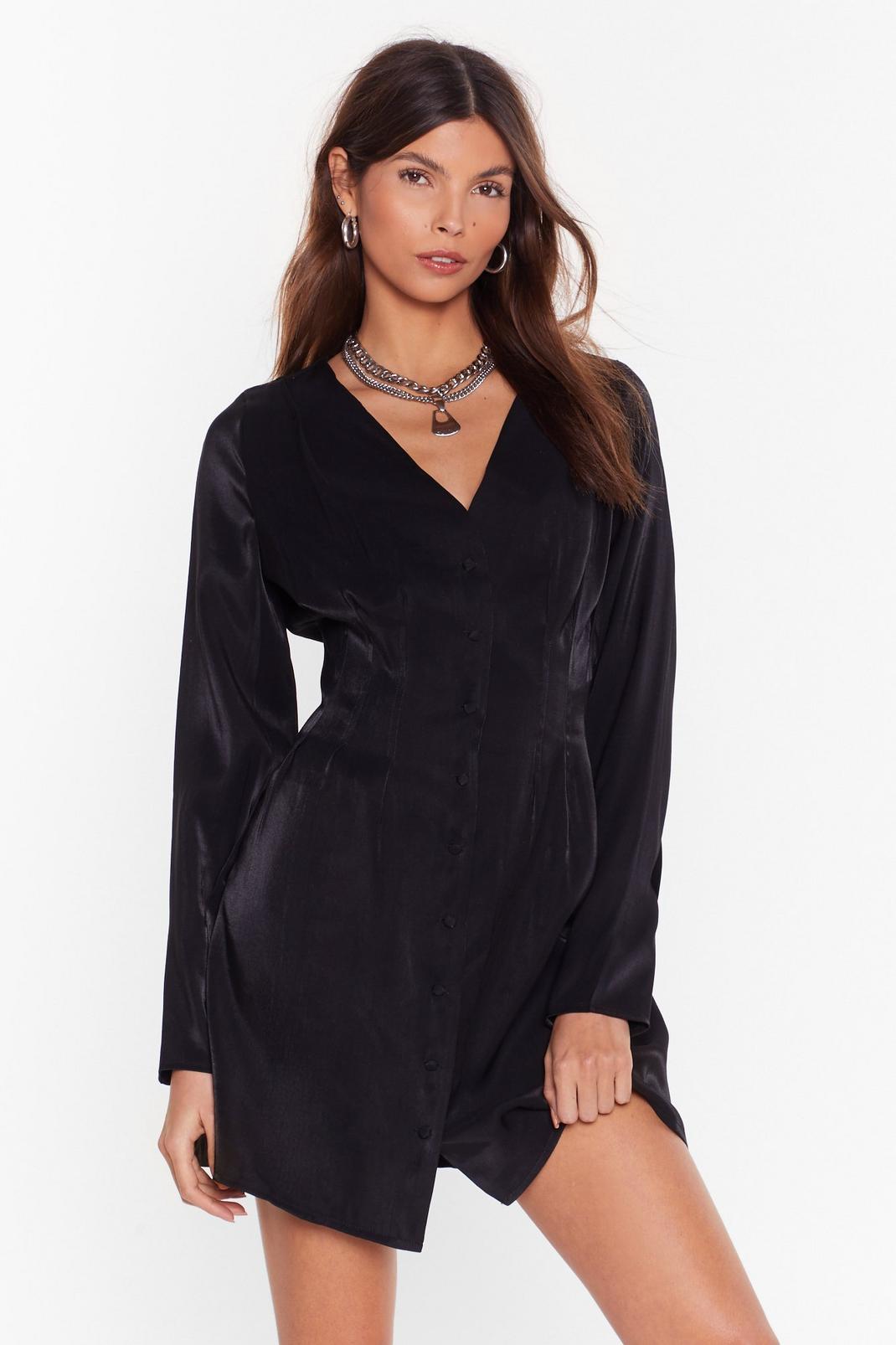 Black Satin Long Sleeve Button Down Mini Dress image number 1