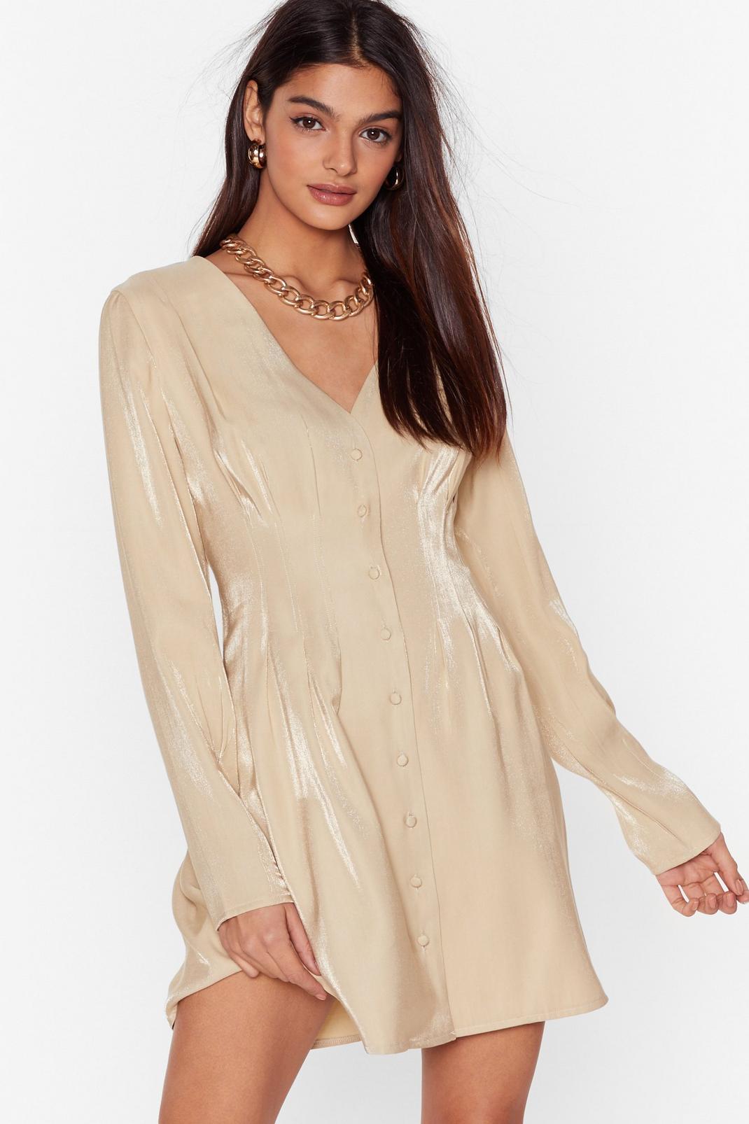 Champagne Satin Long Sleeve Button Down Mini Dress image number 1