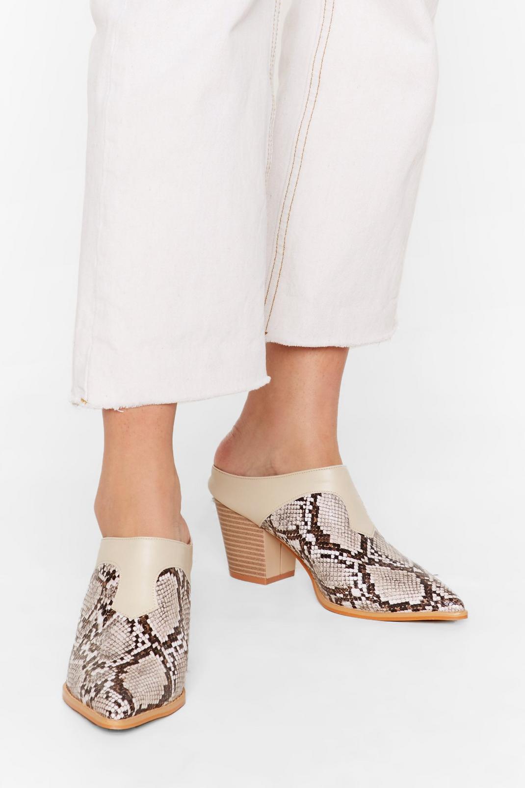 Whatever It Snakes Faux Leather Heeled Mules image number 1