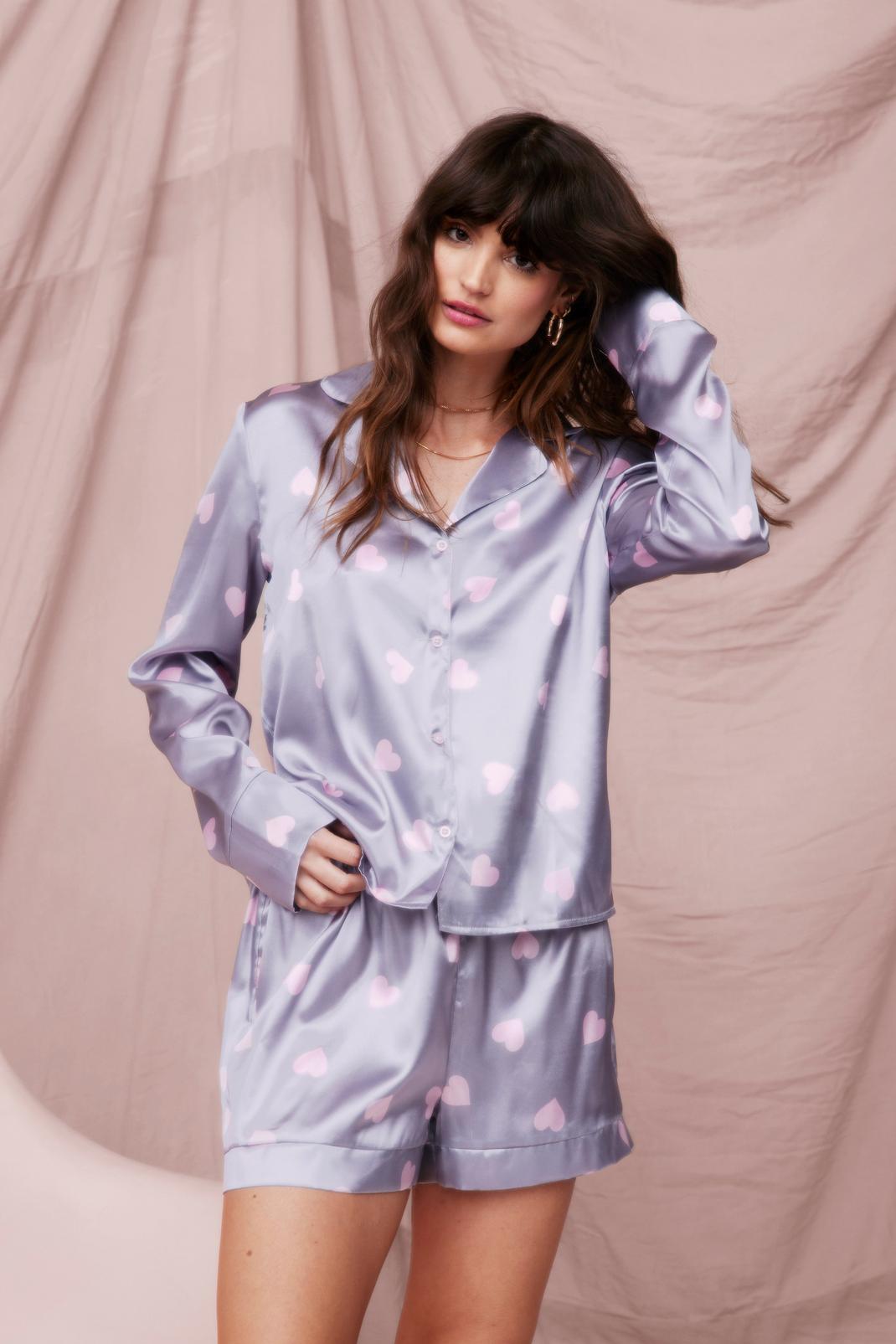 Grey Satin Heart Print Pajama Shirt and Shorts Set image number 1