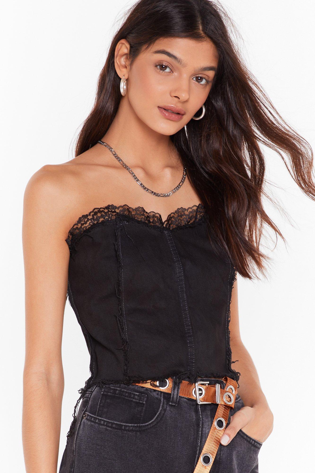 Vintage Lace Trim Denim Bustier Corset Top