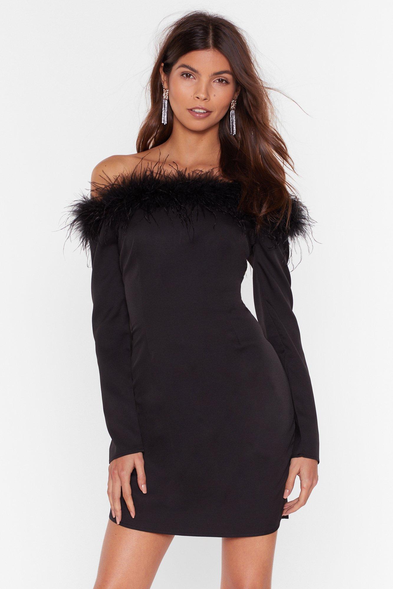 off the shoulder feather dress