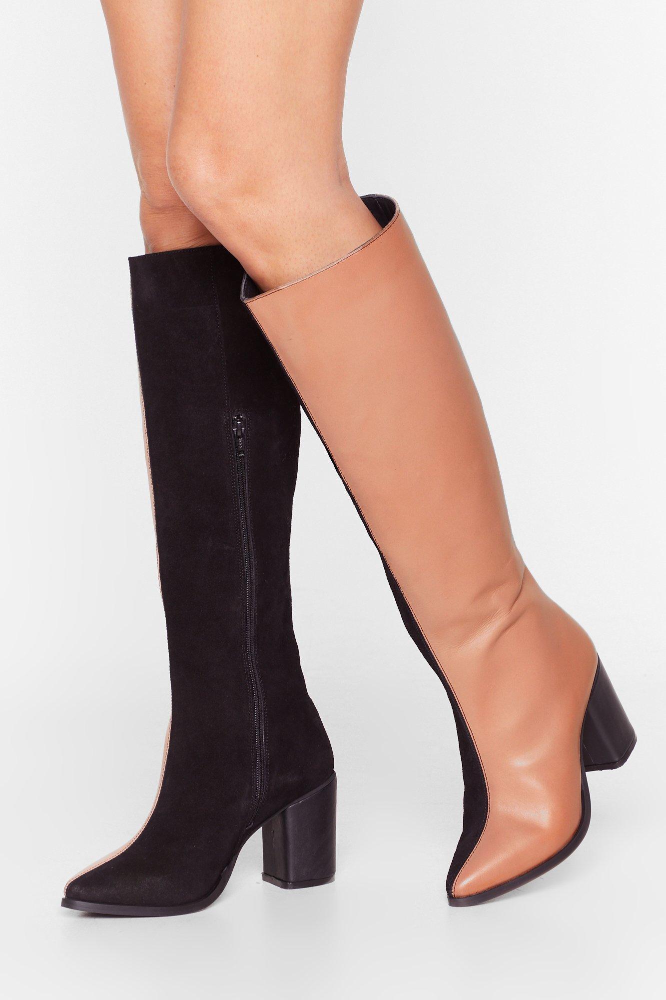 Two-Tone It Down Knee-High Heeled Boots 
