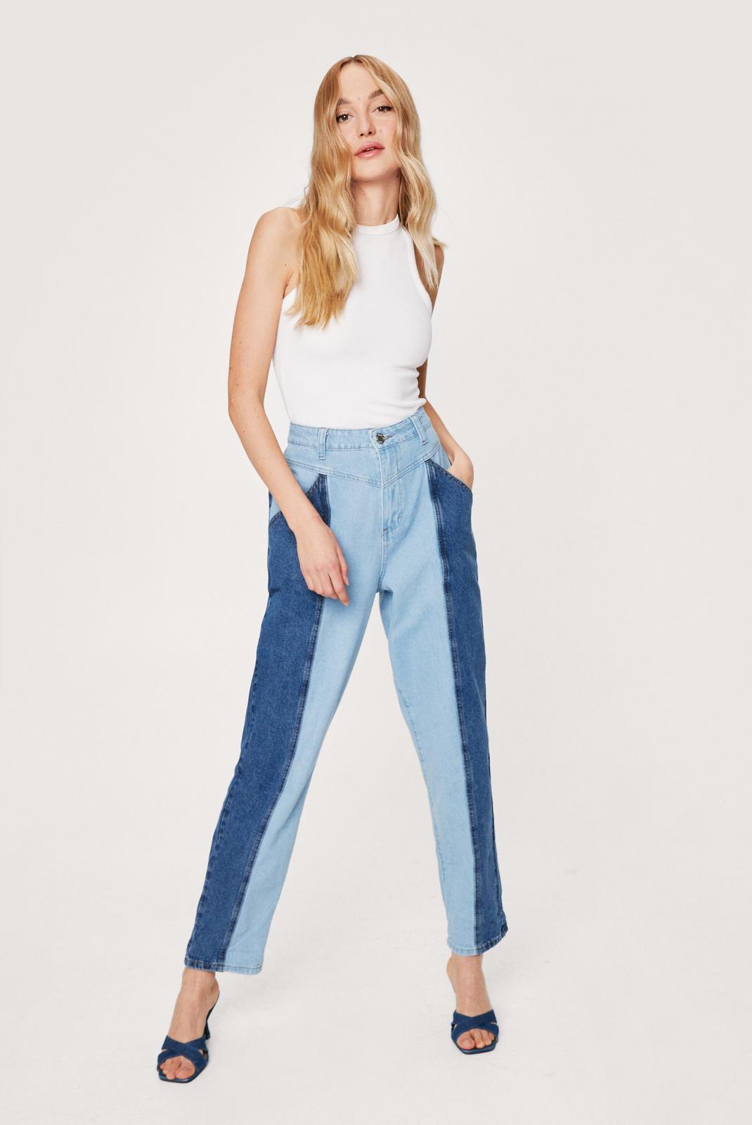 Blue Two Tone Denim Mom Jeans image number 1