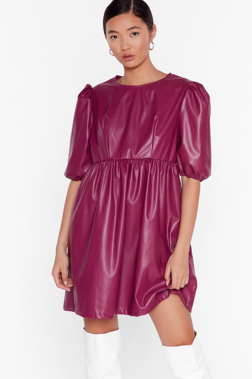 Plum Faux Leather You're in or Out Puff Mini Dress image number 1