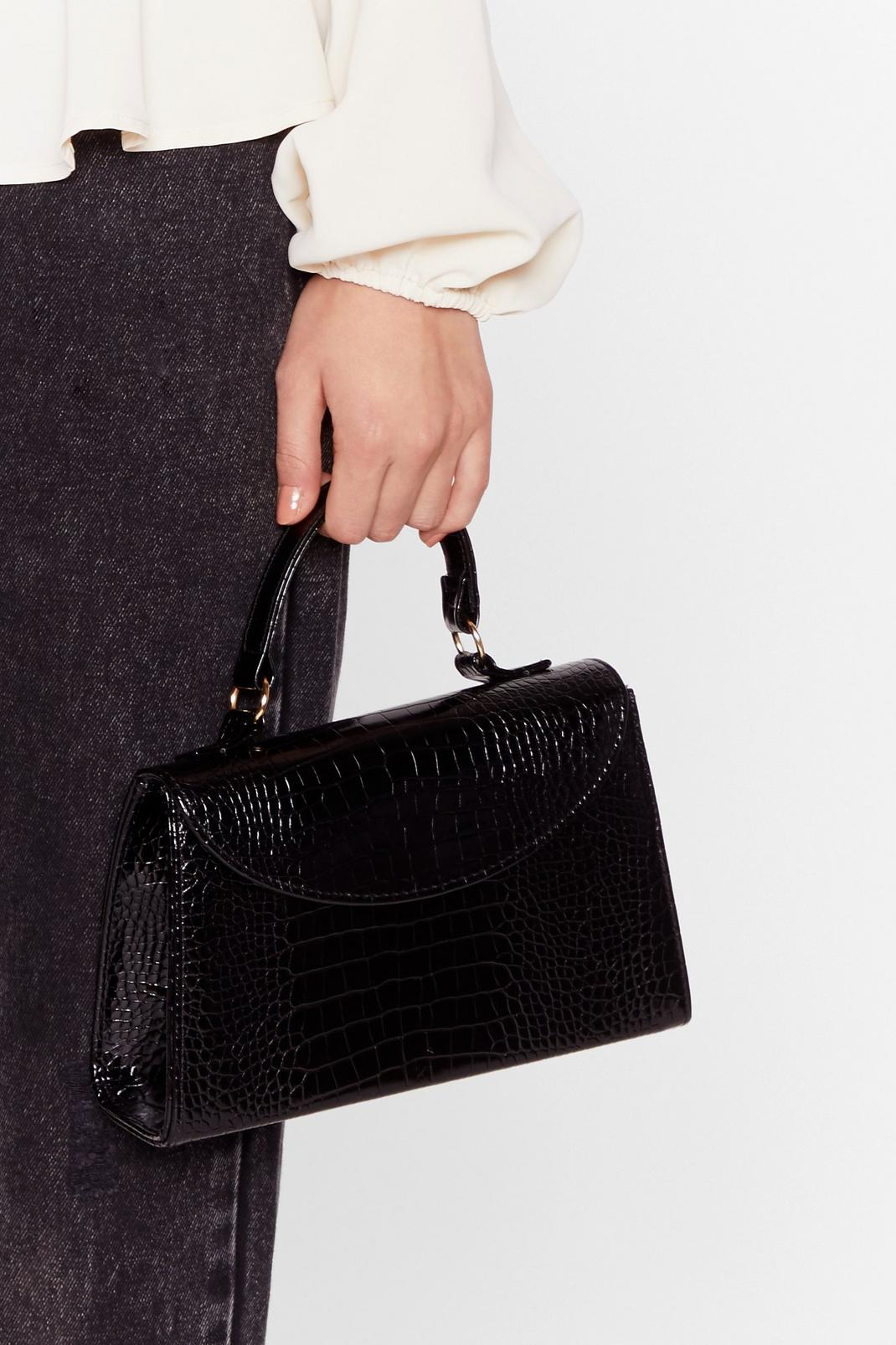 Black Faux Leather Croc Bag in Structured Shell  image number 1