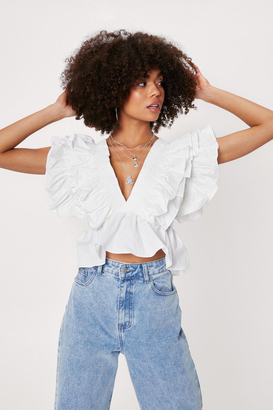 Plunging V Neck Ruffle Detail Cropped Blouse