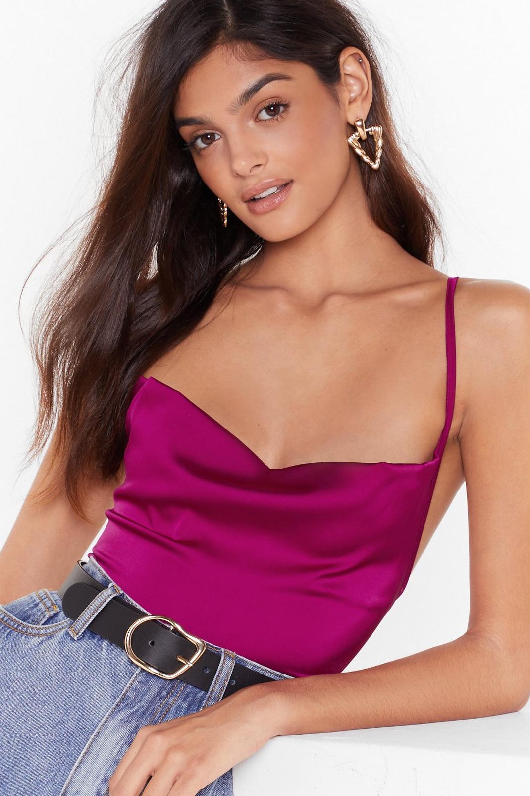 Magenta Let's Cowl It Even Satin Strappy Crop Top image number 1