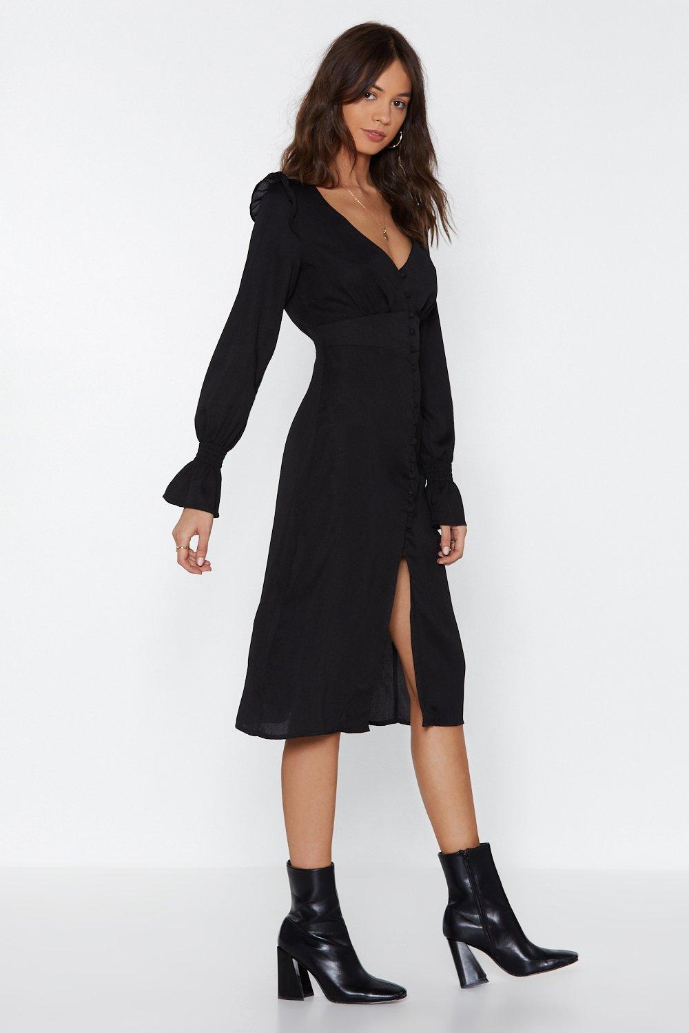 button down black midi dress