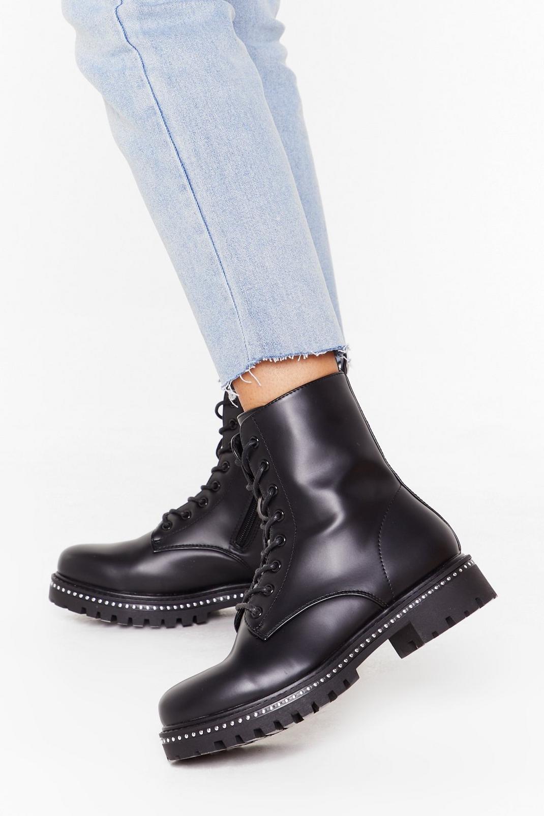 Never Had It So Stud Faux Leather Biker Boots image number 1
