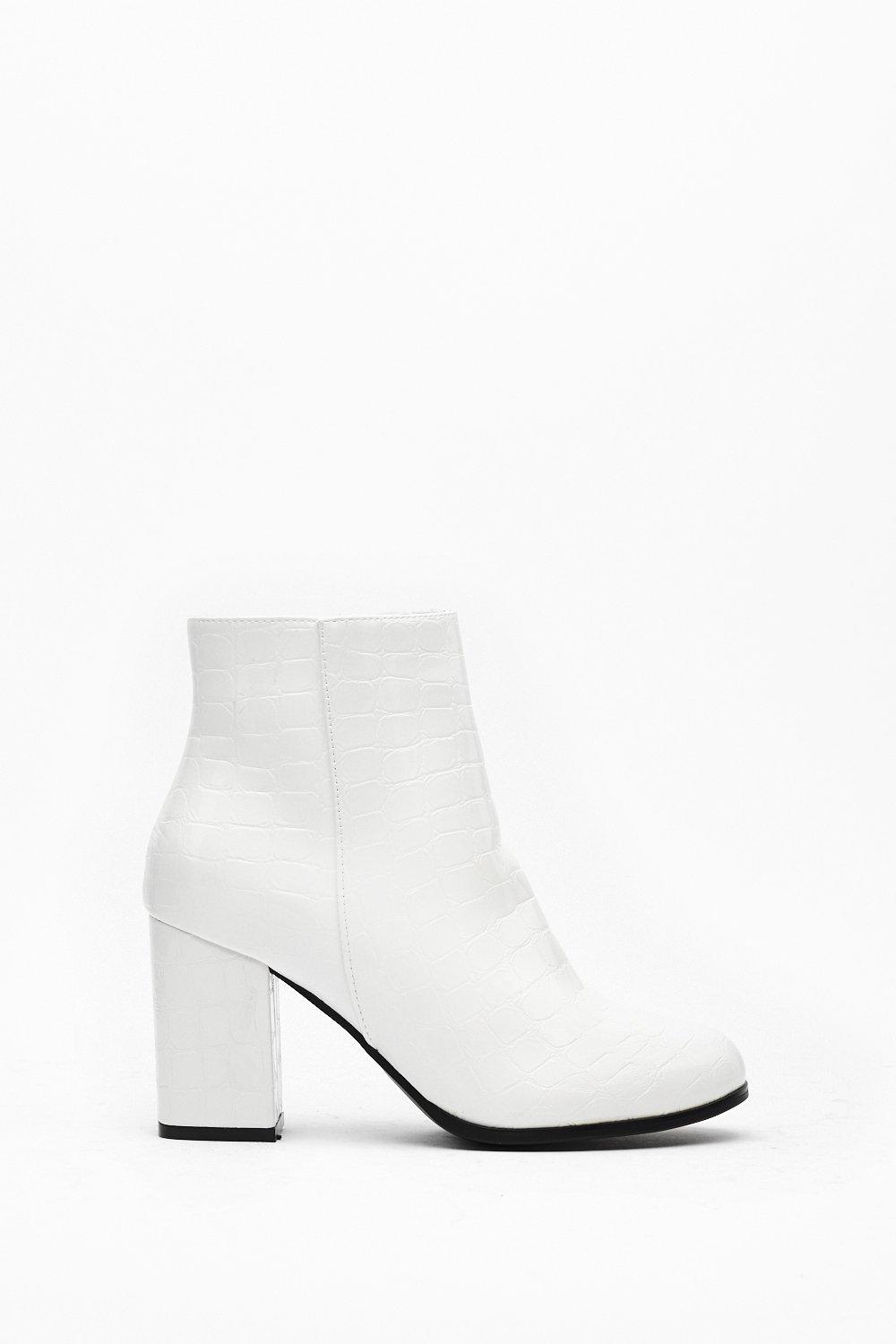 white leather block heel ankle boots