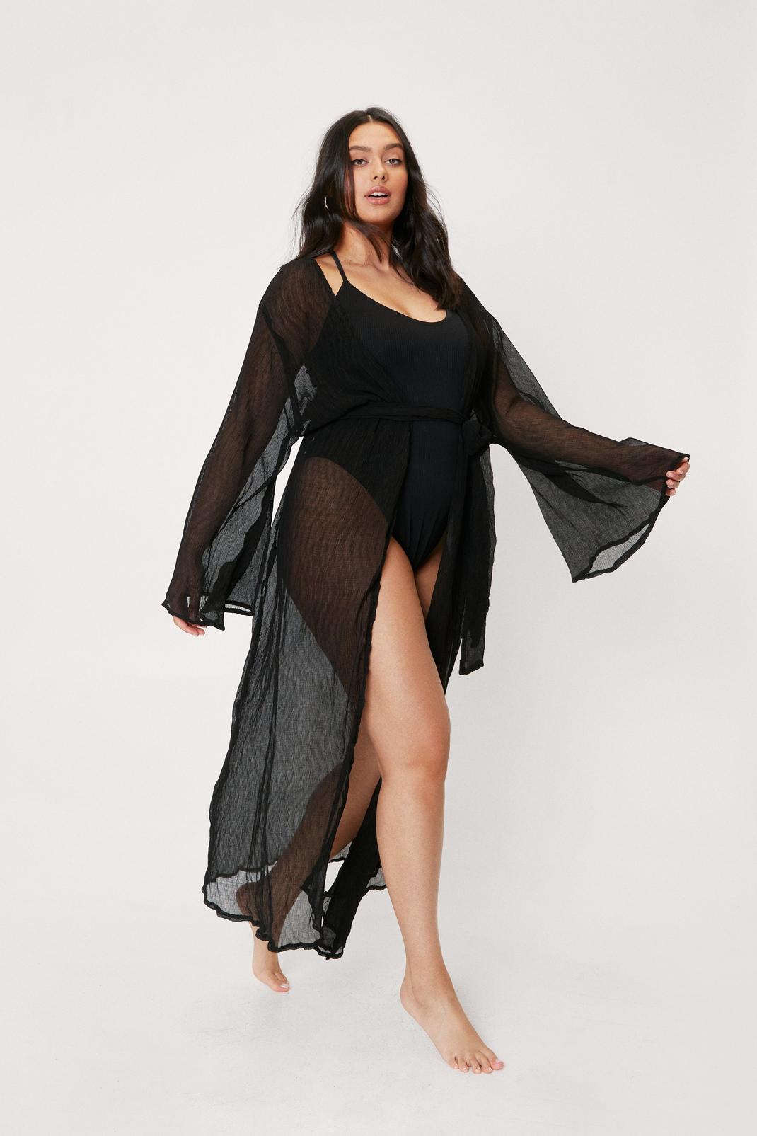 Black Plus Size Sheer Cover Up Beach Kimono image number 1