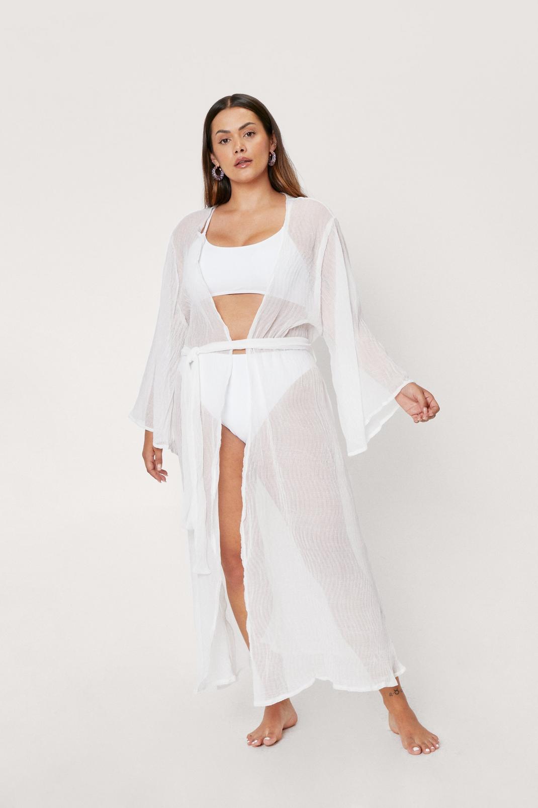 White Plus Size Sheer Cover Up Beach Kimono image number 1