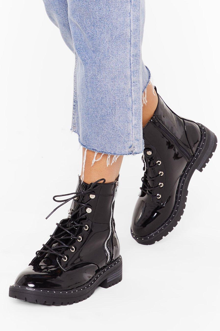 patent biker boots