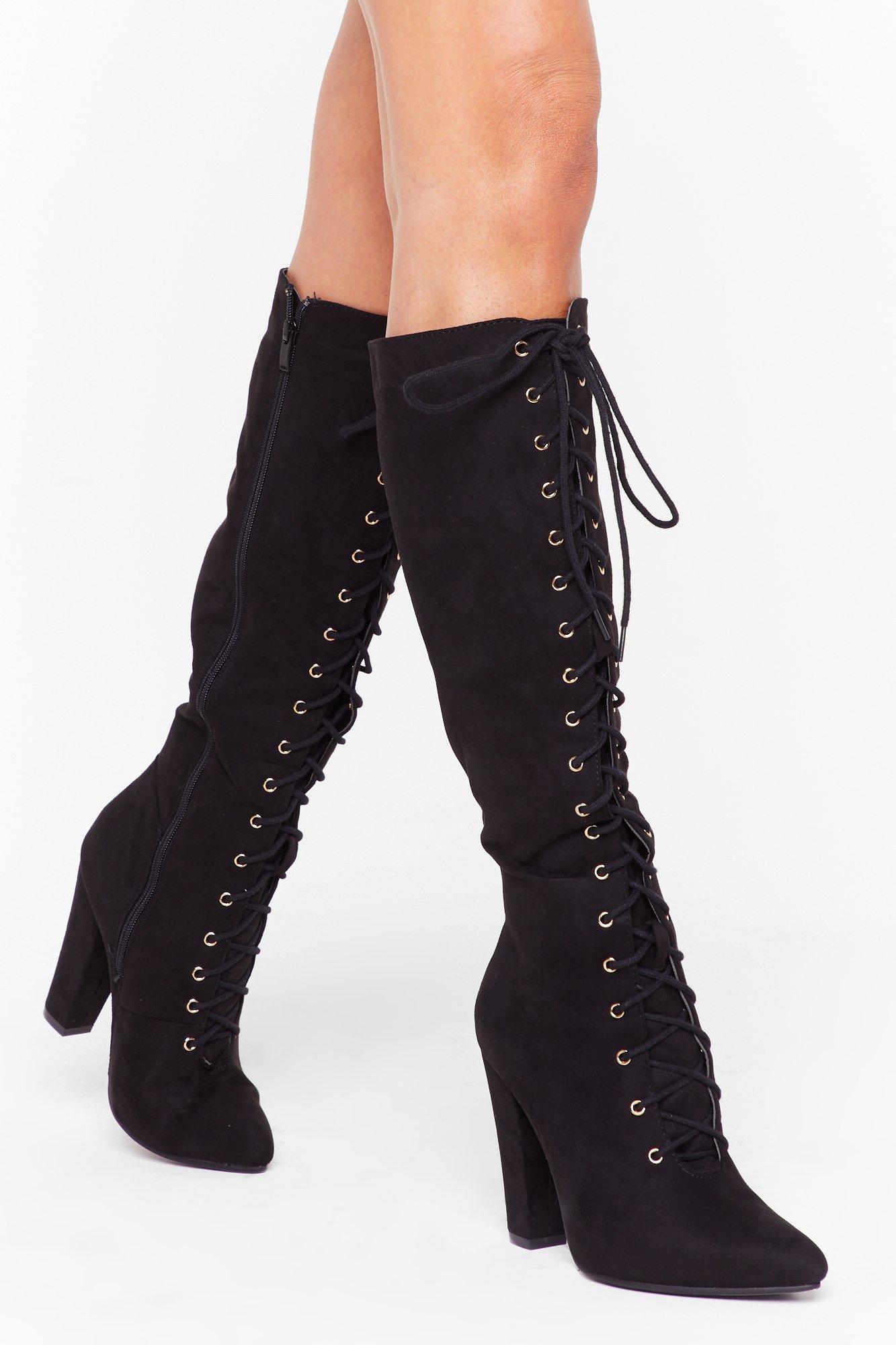 block heel knee high boots suede