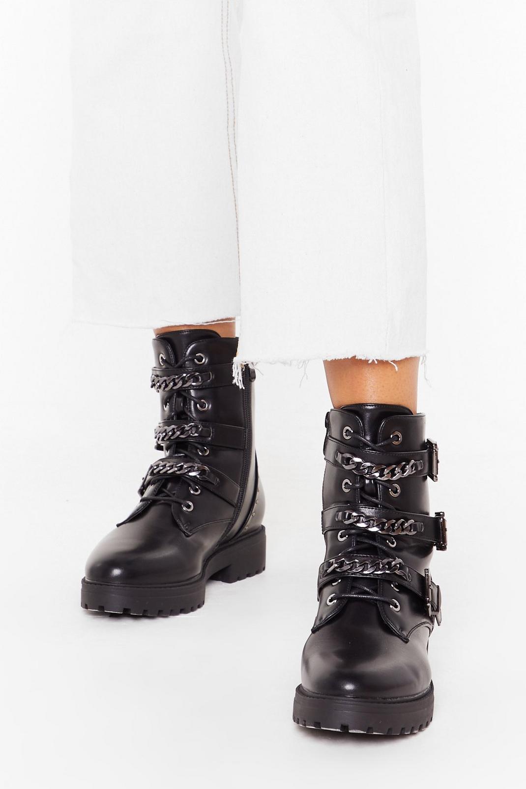 Chain-ge of Direction Faux Leather Studded Boots image number 1