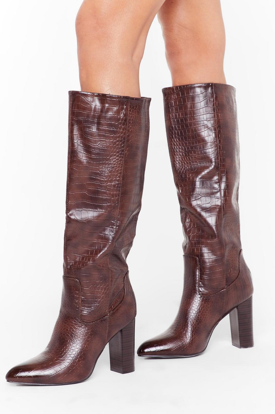 Faux Croc Heeled Knee Boots image number 1