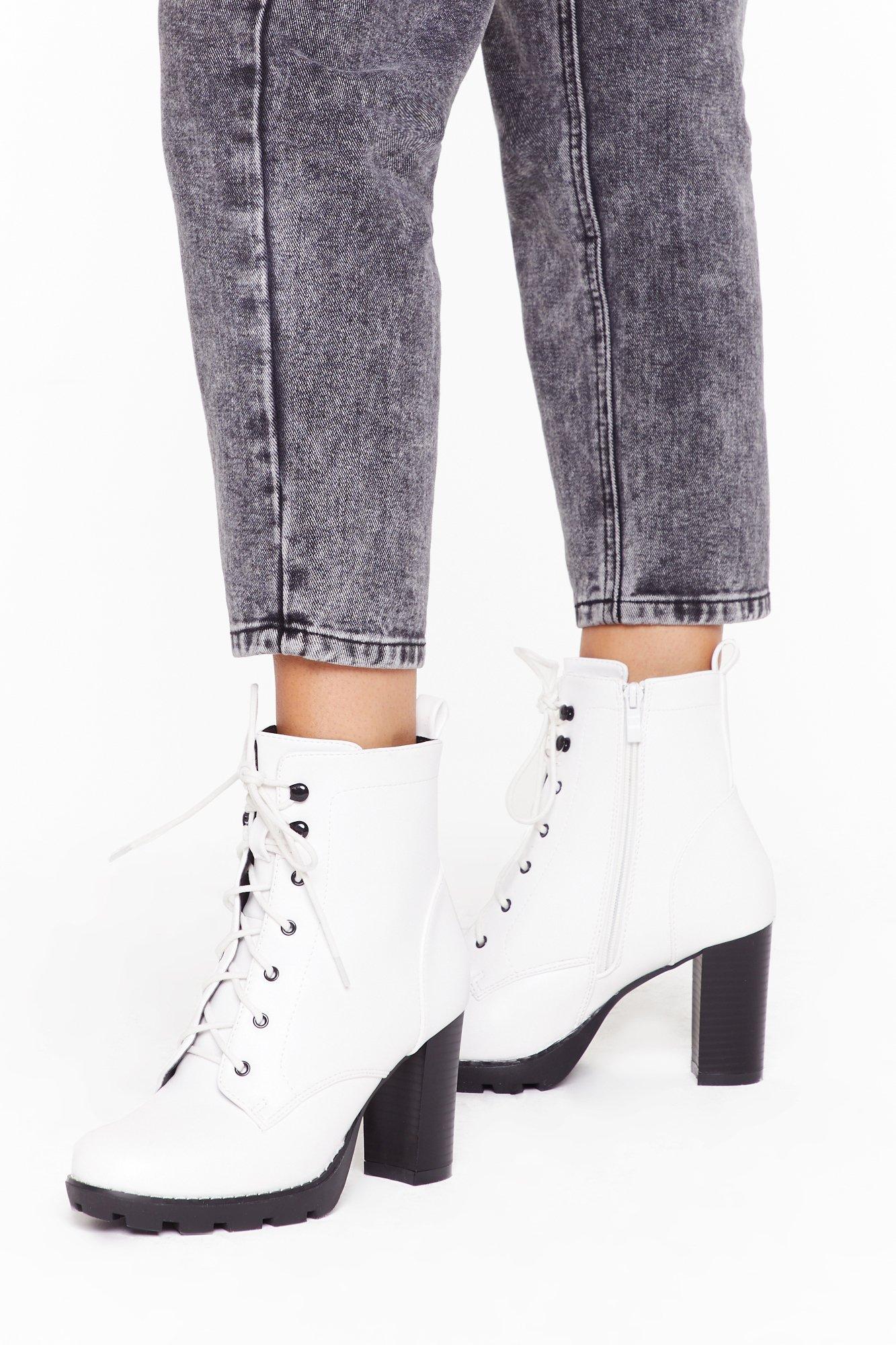 white lace up boots heels