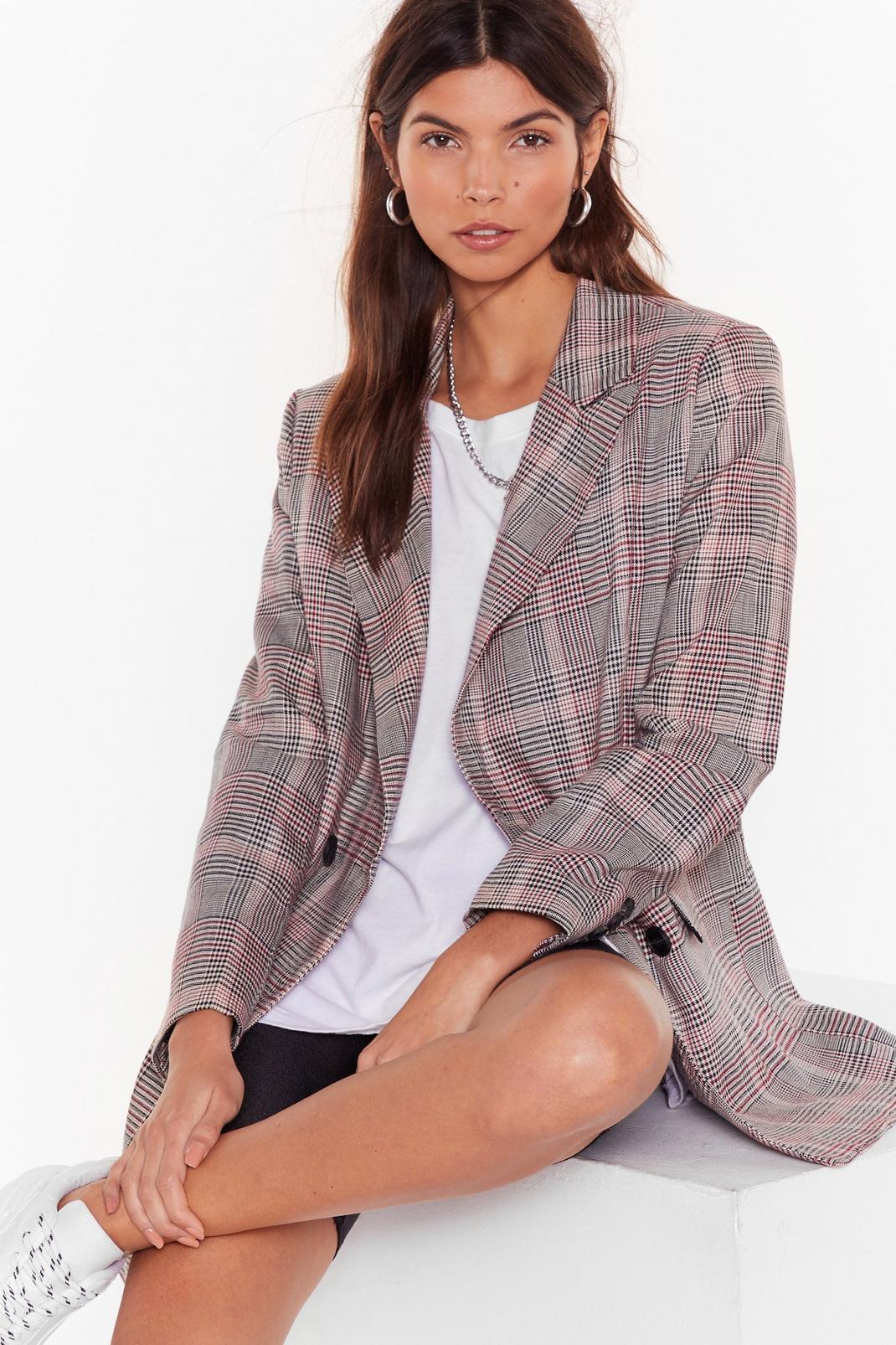 Beige Check Oversized Double Breasted Tailored Blazer image number 1