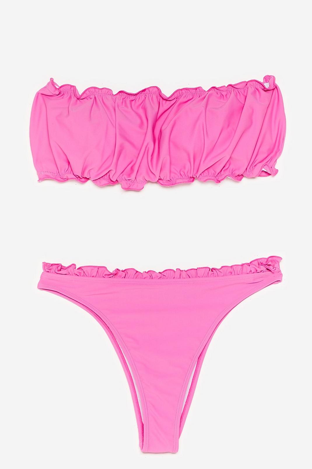 Bikini bandeau & culotte haute échancrée à détails volantés, Pink image number 1