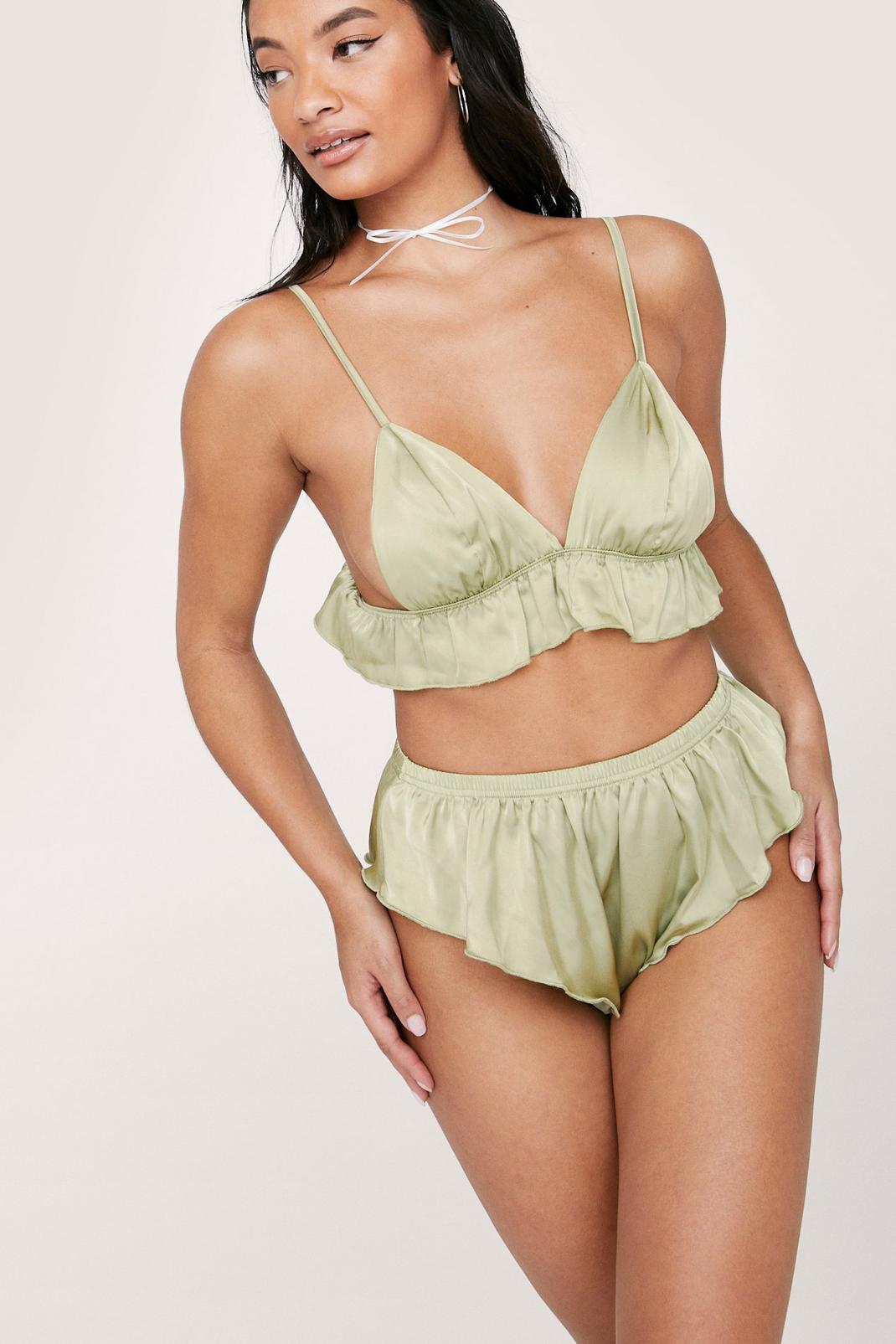 Lime Satin Ruffle Bralette and Knickers Set image number 1
